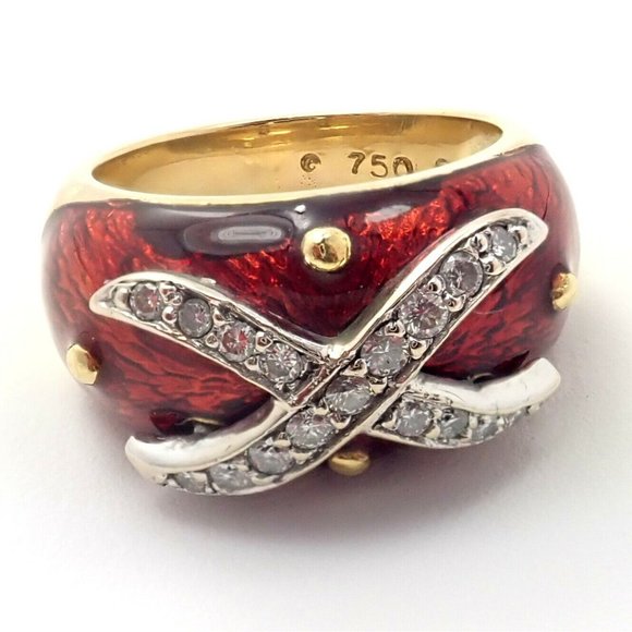 Authentic! Hidalgo 18k Yellow Gold Red Enamel X Diamond Ring Sz 5 - Picture 6 of 10